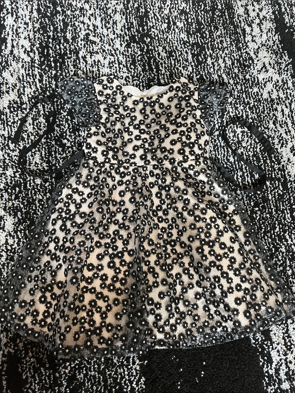Girls Cream Dress with Black Floral Lace Overlay